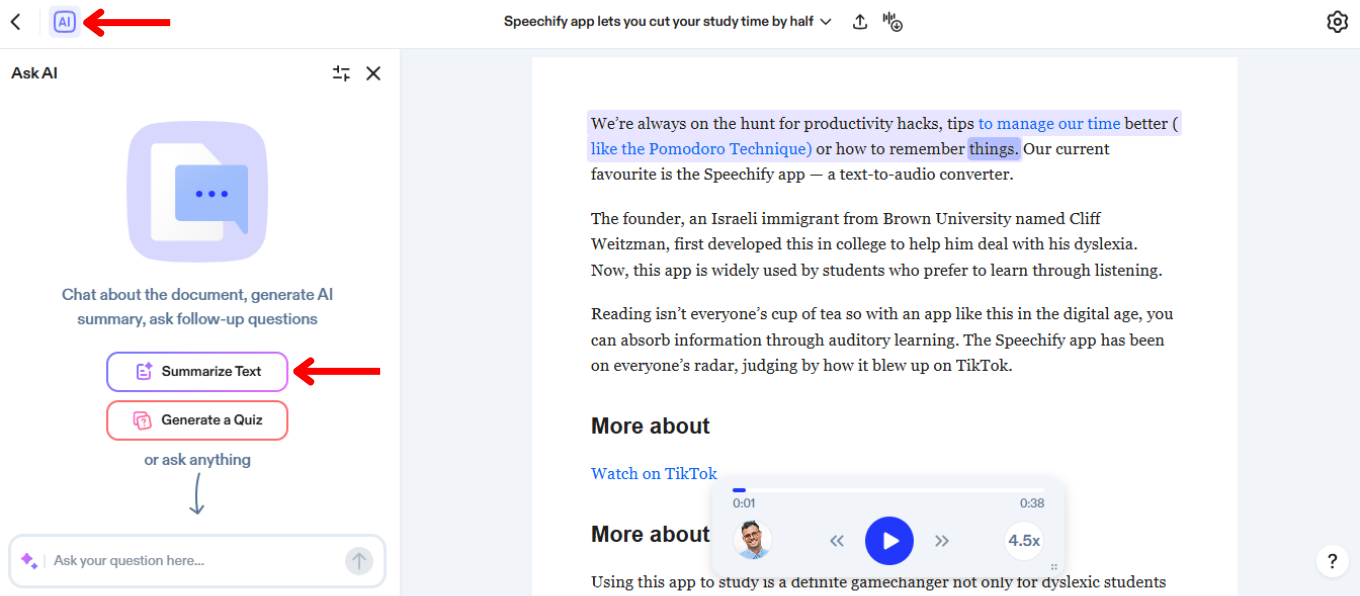 How to use AI Summaries on the Speechify Web App